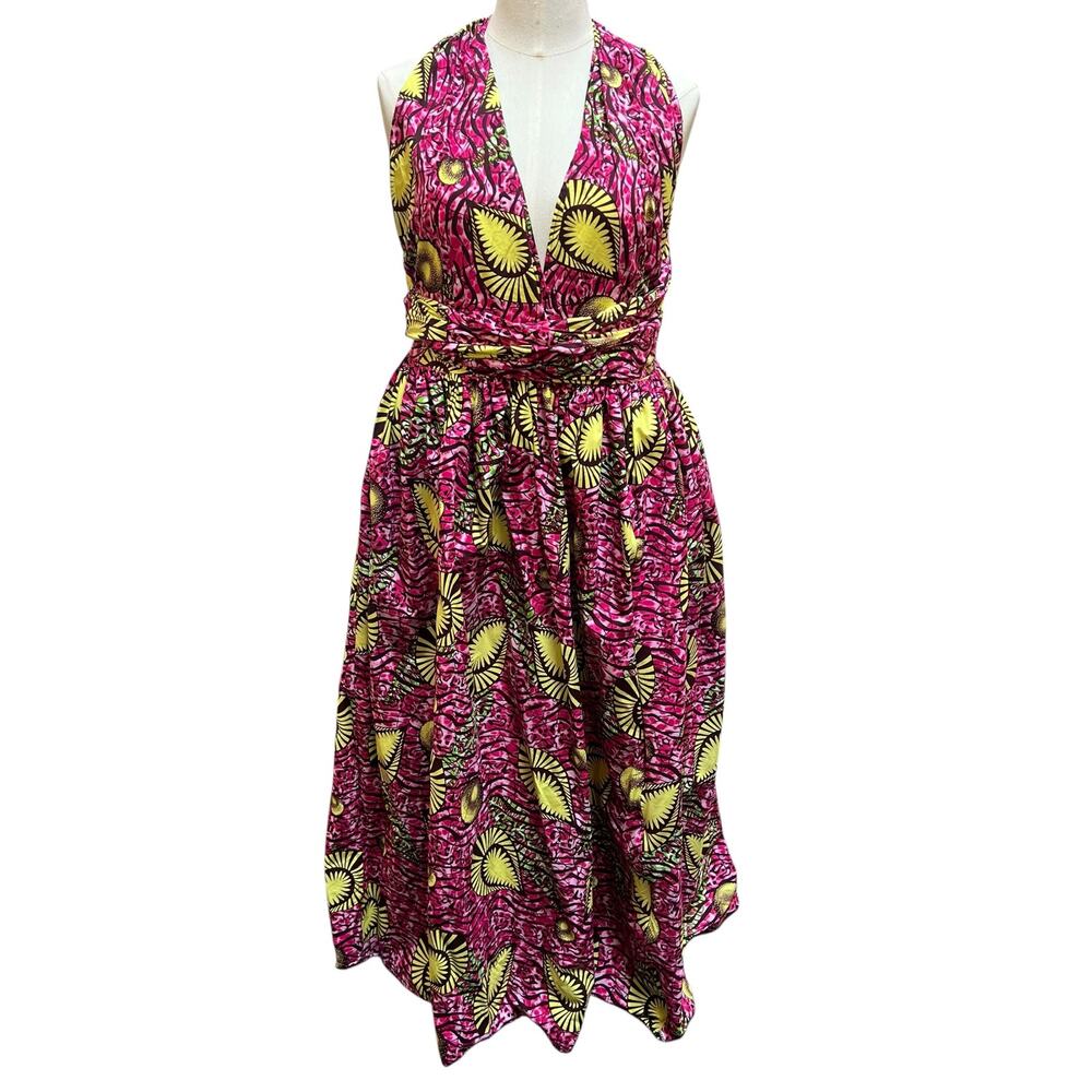 ÖFUURË African Print Halter Dress XL-XXXL Pink Open Back Adjustable Cotton